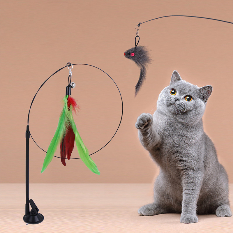 Powerful Suction Cup Handheld Interactive Cat Teaser Stick Feather Cat Toy for Kitty Kitten Scratching Exercise Indoor