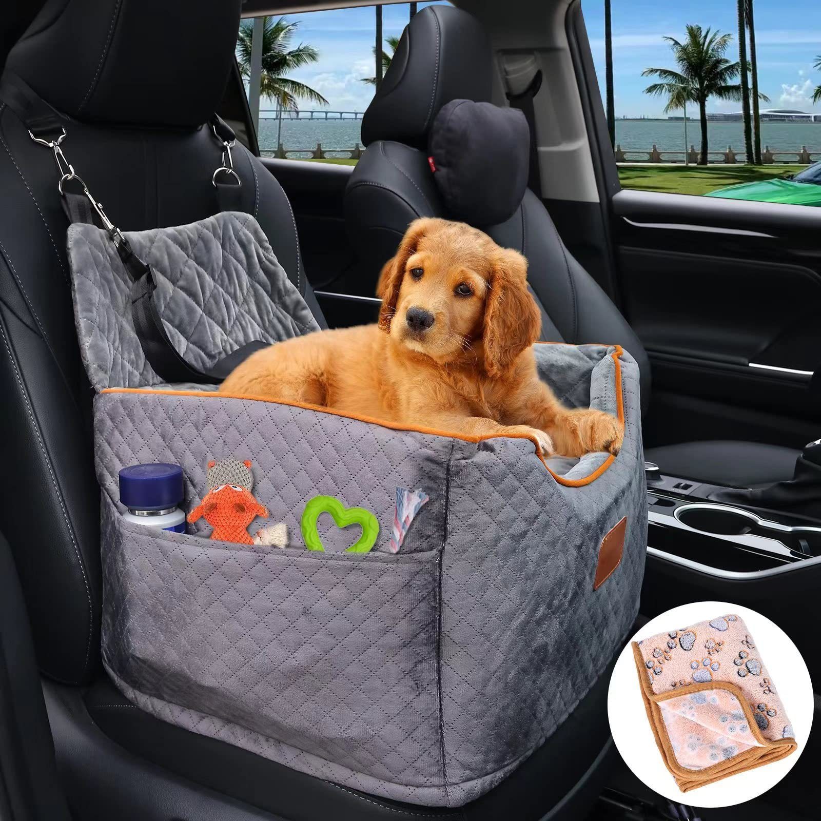 Custom Memory Foam Dog Booster Seats Pet Dog Car Seat with Washable Removable Cover and Storage Pockets