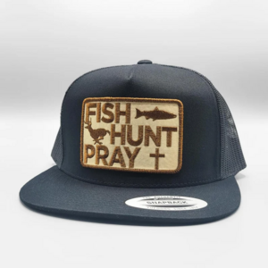 Fish Hunt Pray Trucker Hat, Retro Christian Fishing Embroidered Patch On Black Mesh Snapback, Logo Custom Hat Gift For Fisherman