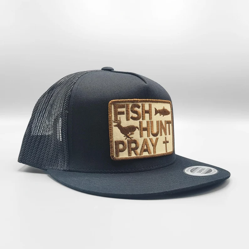 Fish Hunt Pray Trucker Hat, Retro Christian Fishing Embroidered Patch On Black Mesh Snapback, Logo Custom Hat Gift For Fisherman