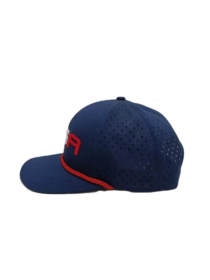 Navy High quality Polyester Baseball Hat With Rope  Laser Holes Cut Embroidered Sport Hats 6 Panels Free Sample Cost