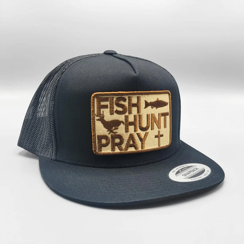 Fish Hunt Pray Trucker Hat, Retro Christian Fishing Embroidered Patch On Black Mesh Snapback, Logo Custom Hat Gift For Fisherman