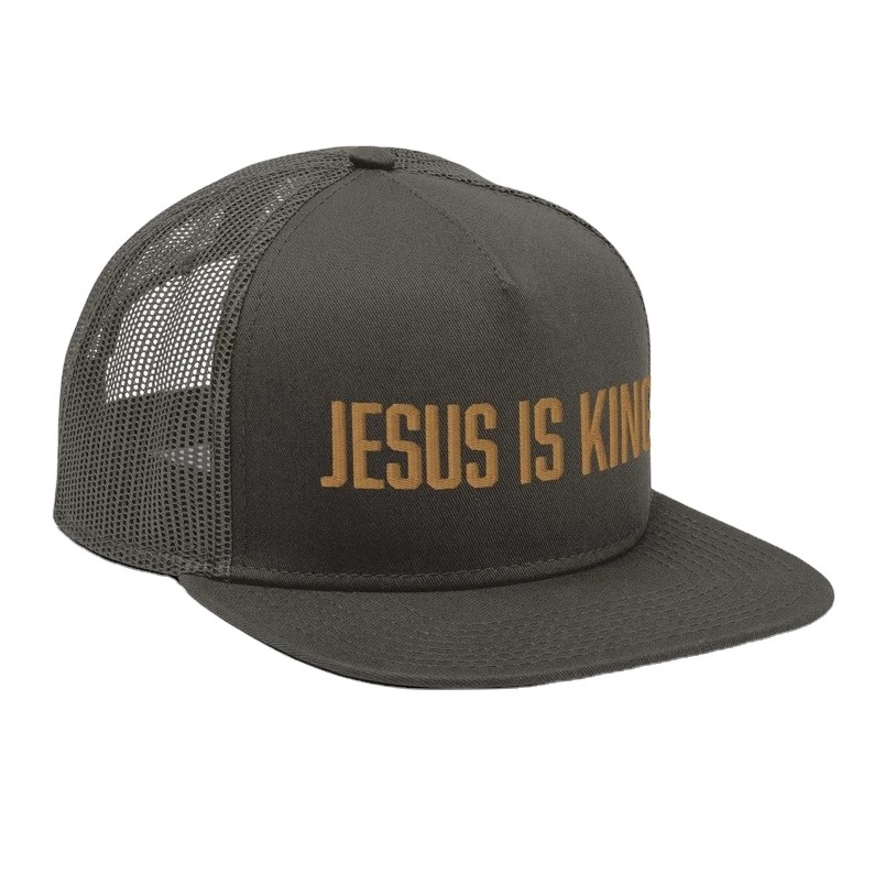 Jesus is King Embroidery Logo Trucker Hat Flat Brim 5 Panel Custom Design Sport Cap Gorras High Profile High Quality Vietnam Cap