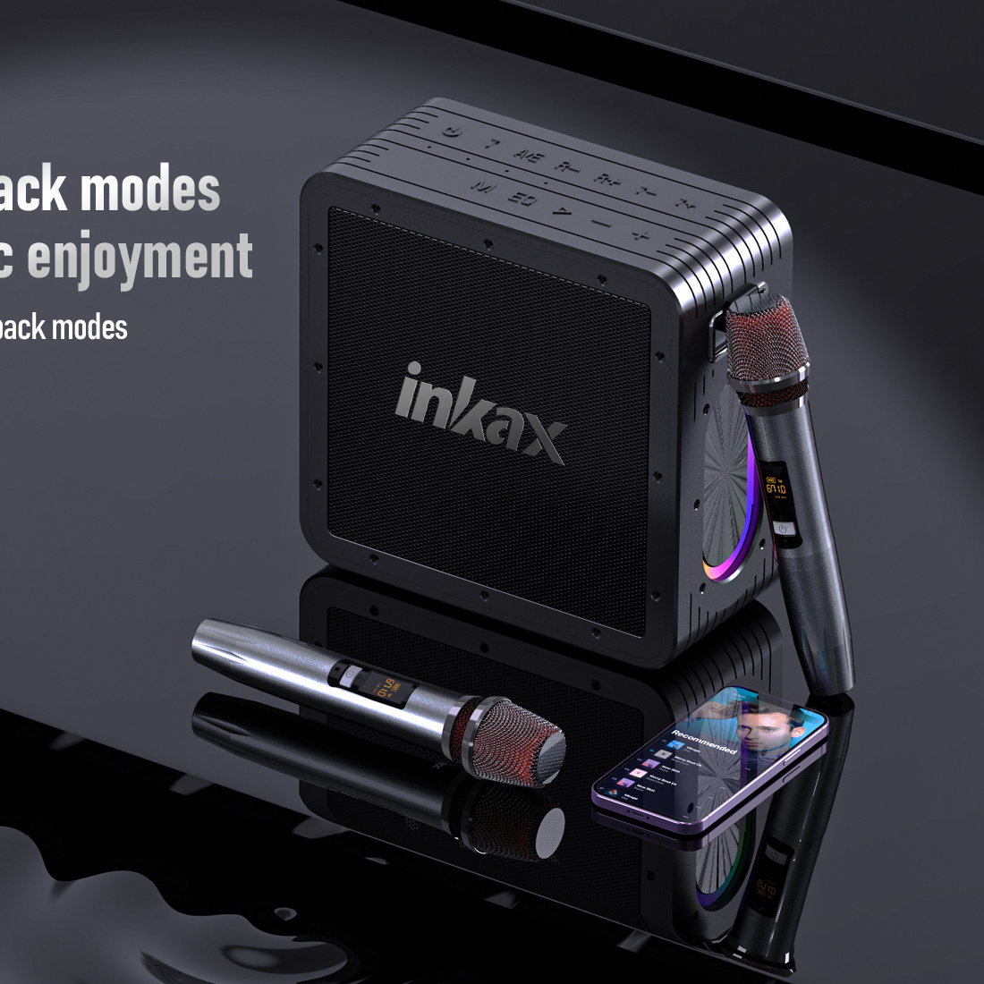 Inkax High Quality Deep Bass Speaker BT/AUX/TF/USB OTG Live Streaming Karaoke Portable Outdoor Speaker with 2 Microphone