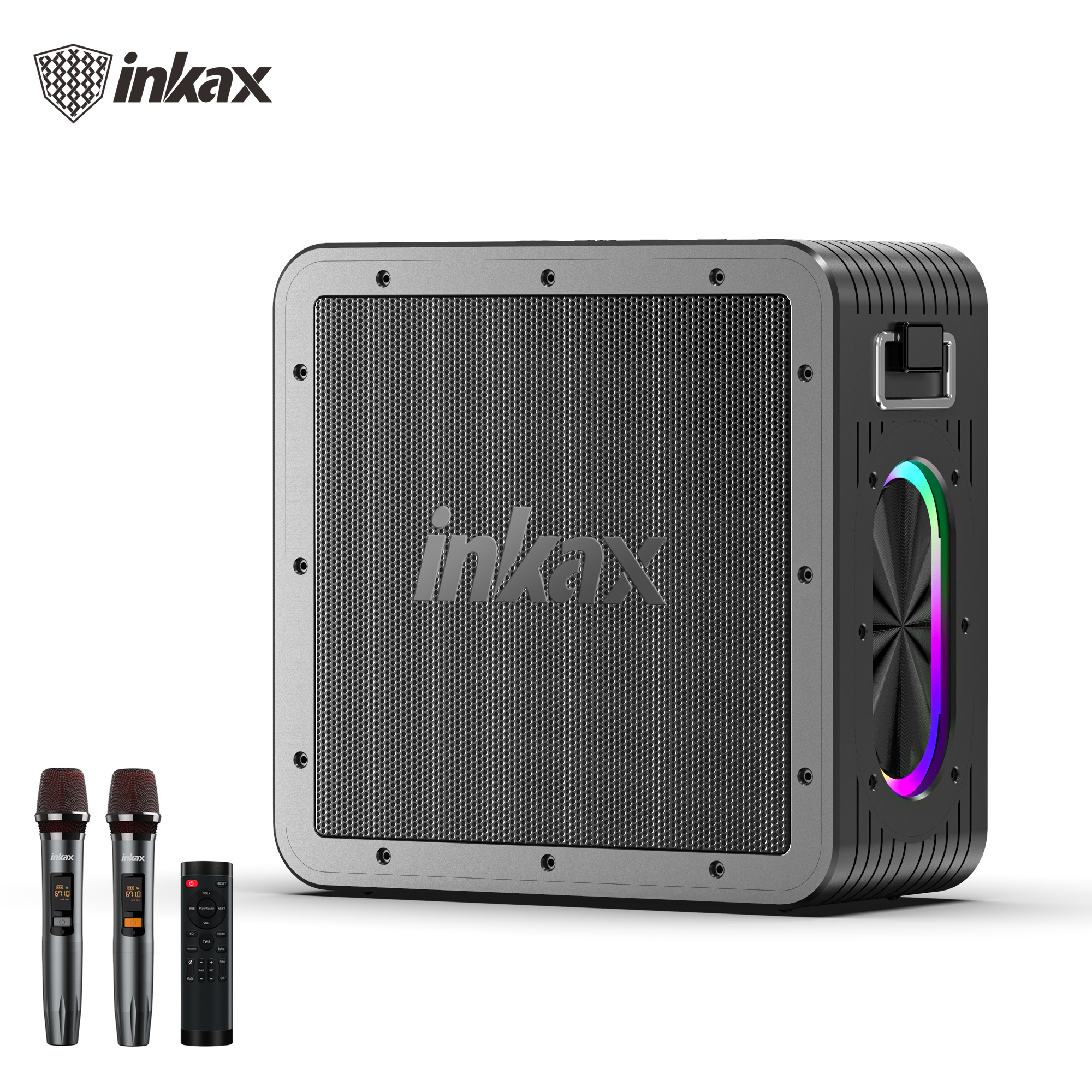 Inkax High Quality Deep Bass Speaker BT/AUX/TF/USB OTG Live Streaming Karaoke Portable Outdoor Speaker with 2 Microphone