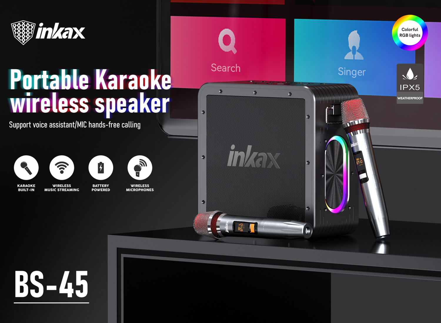 Inkax High Quality Deep Bass Speaker BT/AUX/TF/USB OTG Live Streaming Karaoke Portable Outdoor Speaker with 2 Microphone