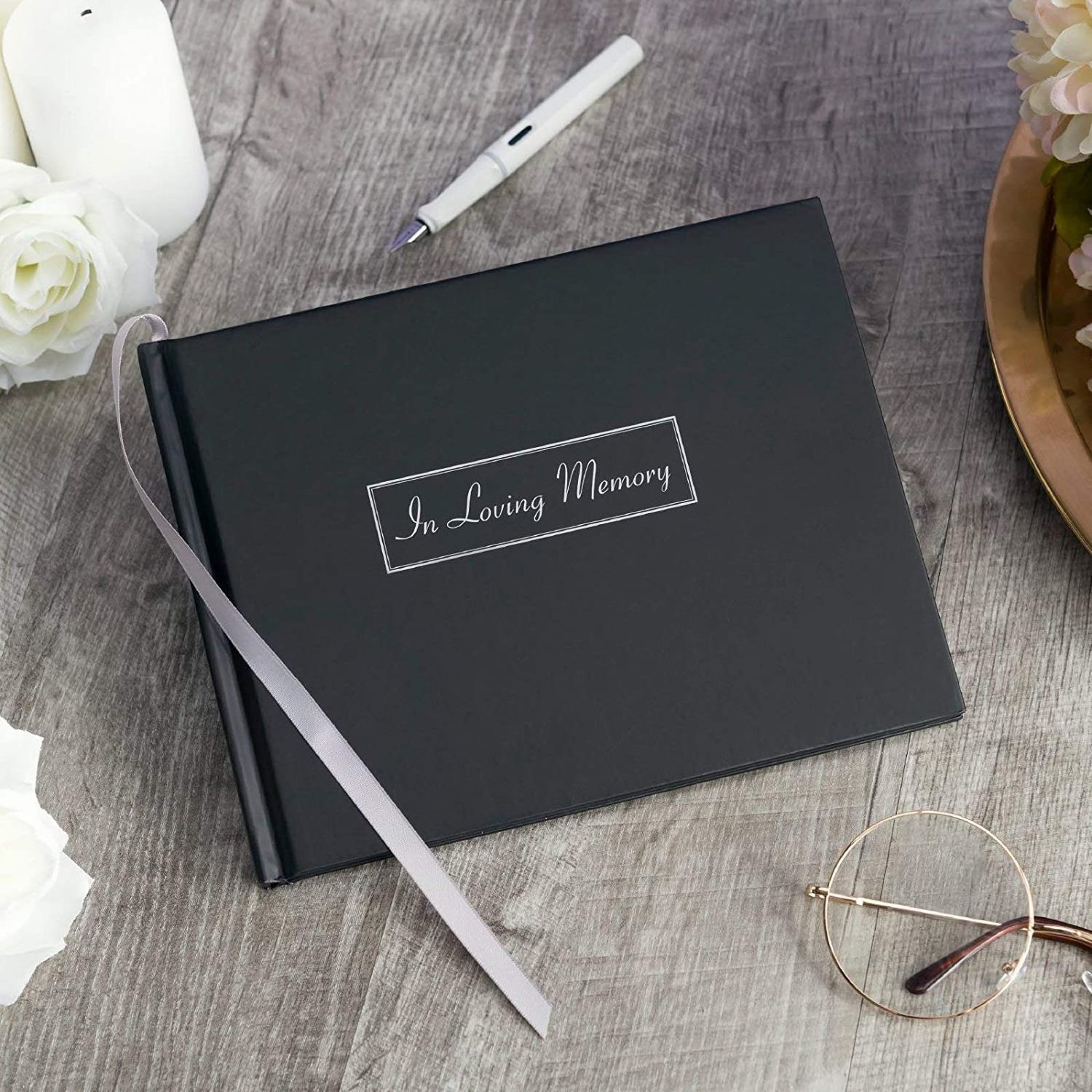 Personalized Hardcover Leather Funeral Guest Book in Loving Memory Guest Notebooks with Photos Pockets for Sign in