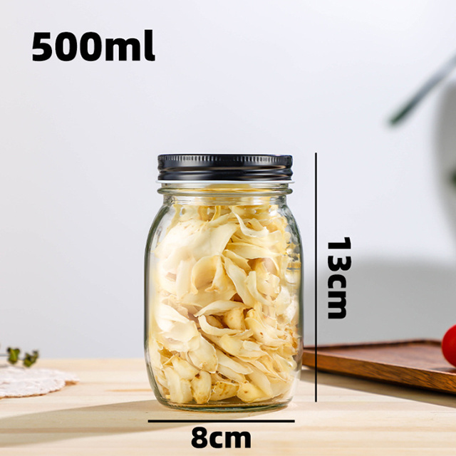 Wholesale wide mouth glass food jars with lids 16 oz empty 300ml 500ml 1000ml clear storage round jars for food Mason jar