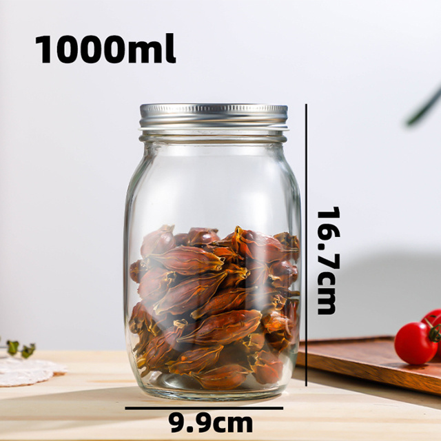 Wholesale wide mouth glass food jars with lids 16 oz empty 300ml 500ml 1000ml clear storage round jars for food Mason jar