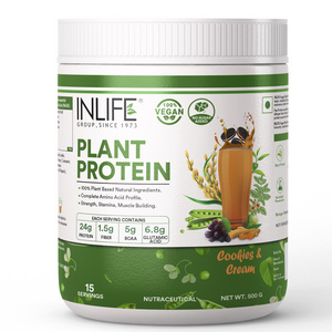 INLIFE Vegan Plant Protein Powder, Pea & Brown Rice, 24g Protein,5g BCAA 1.8g  Bodybuilding Supplement (Cookies and Cream 500g)