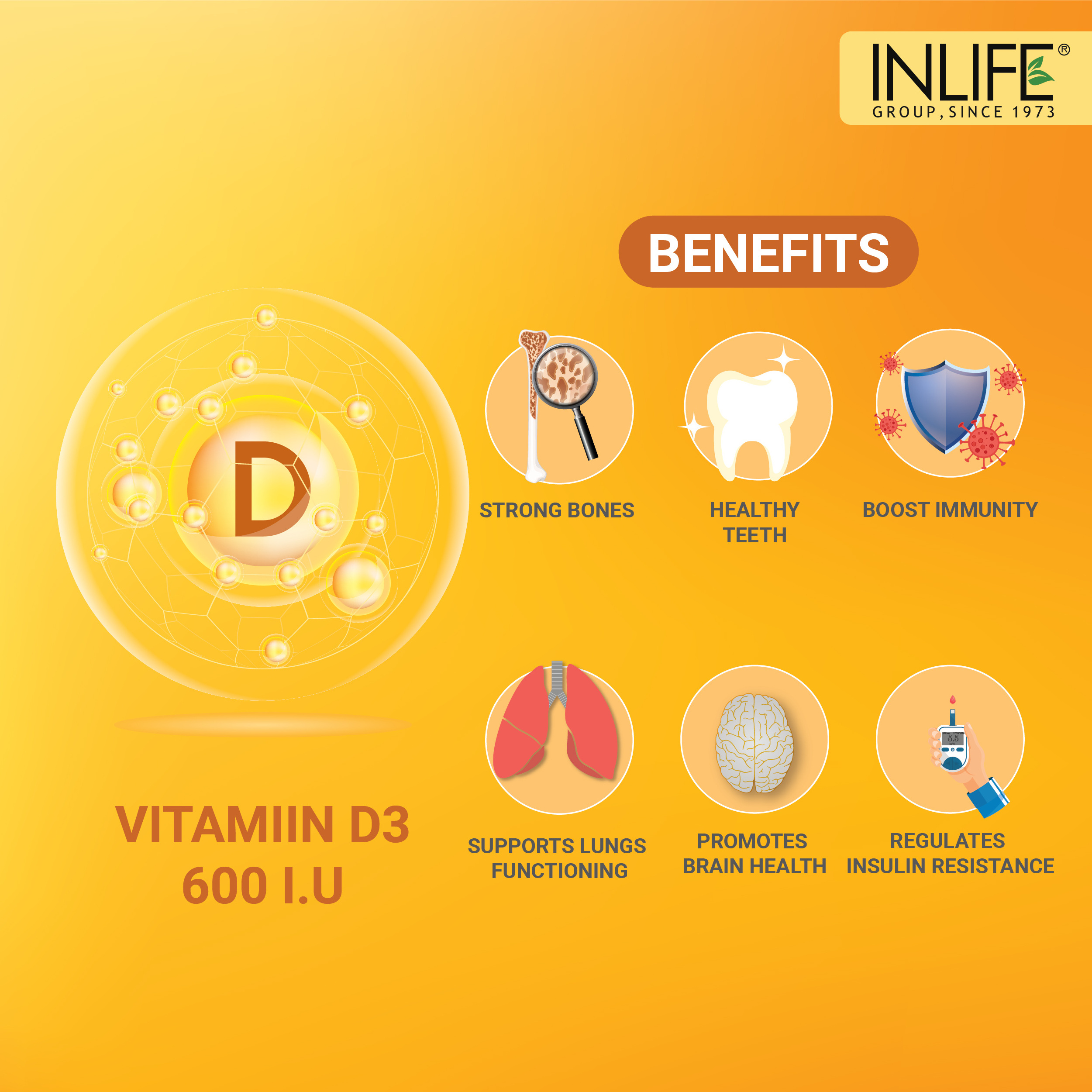 INLIFE Vitamin D3 600 IU Cholecalciferol Supplement with Coconut Oil for Better Absorption, For Men & Women, Immunity, Bone Heal