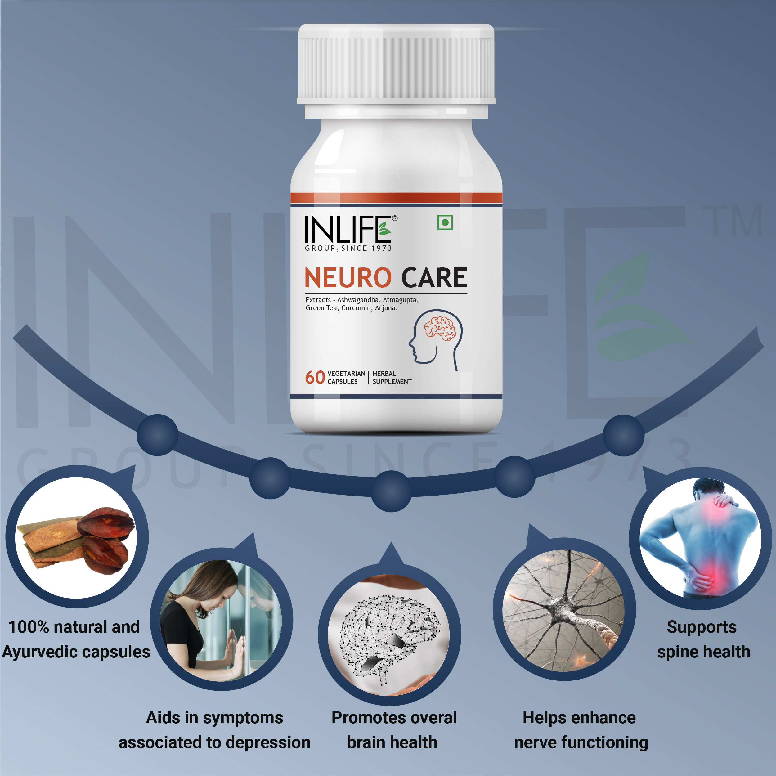 INLIFE Neuro Nerve Care Ayurvedic herbal health supplement - 60 vegetarian capsules