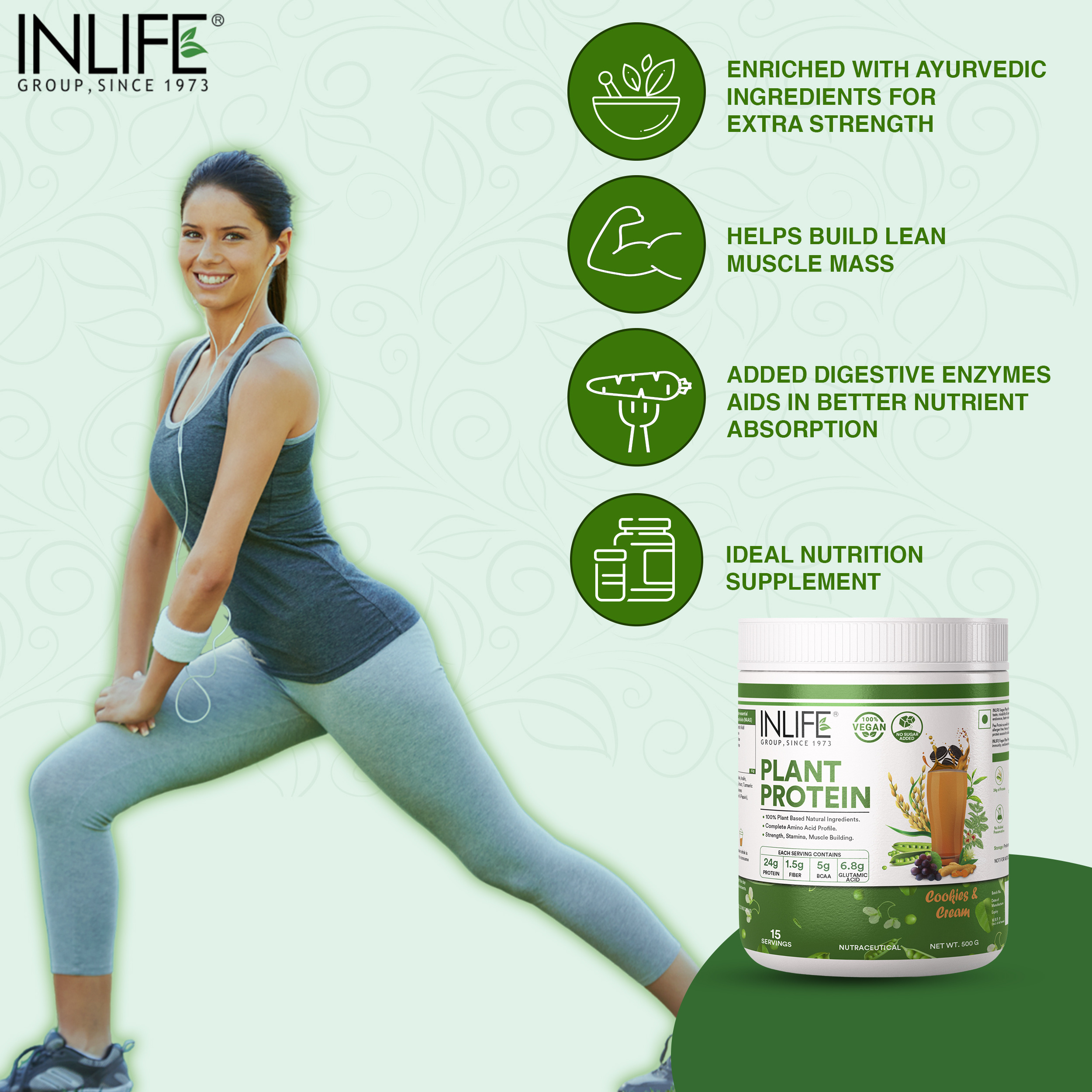 INLIFE Vegan Plant Protein Powder, Pea & Brown Rice, 24g Protein,5g BCAA 1.8g  Bodybuilding Supplement (Cookies and Cream 500g)