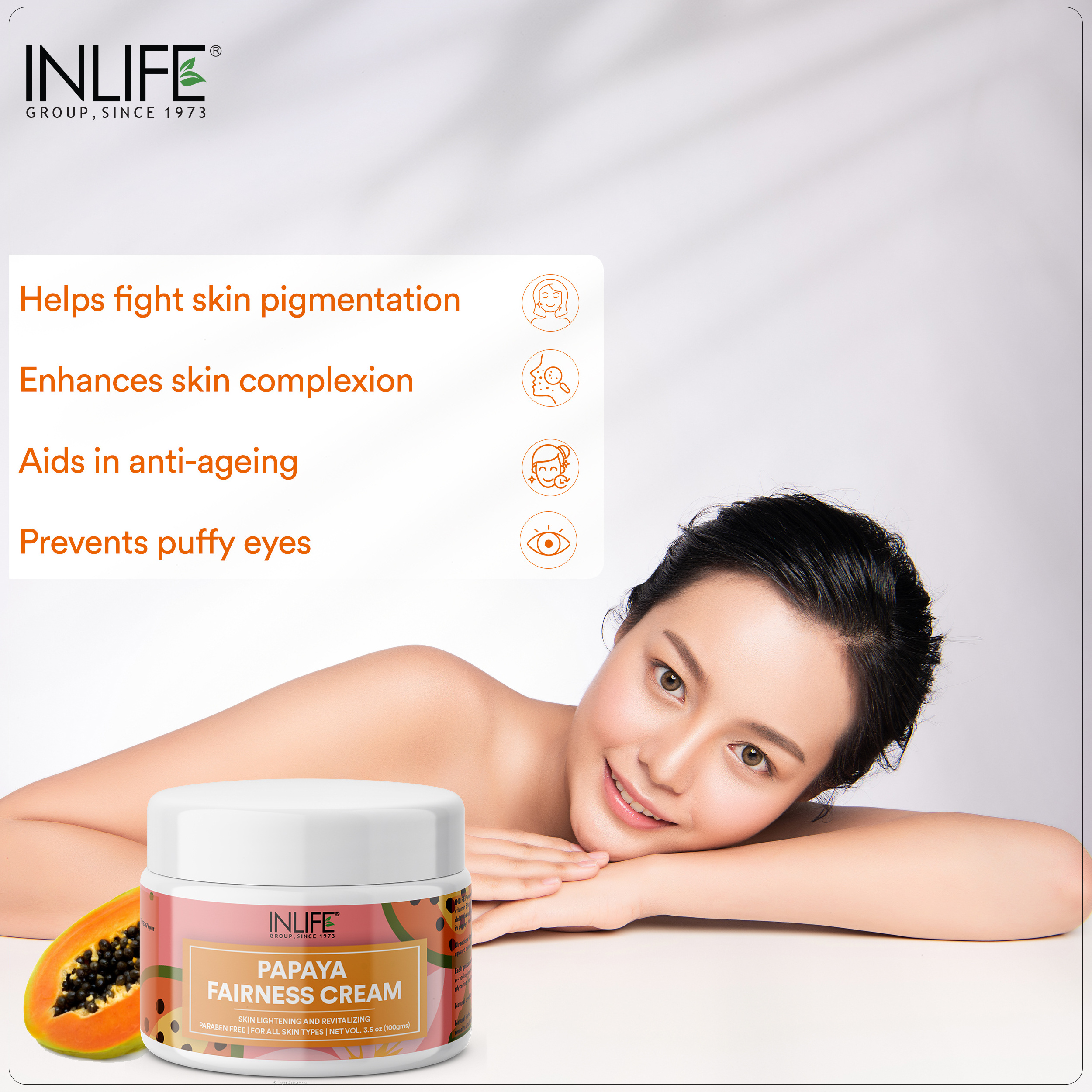 INLIFE Natural Papaya Face Cream with Aloe Vera, Anti Blemish Cream for Women & Men, Paraben Free, For All Skin Types (100g)