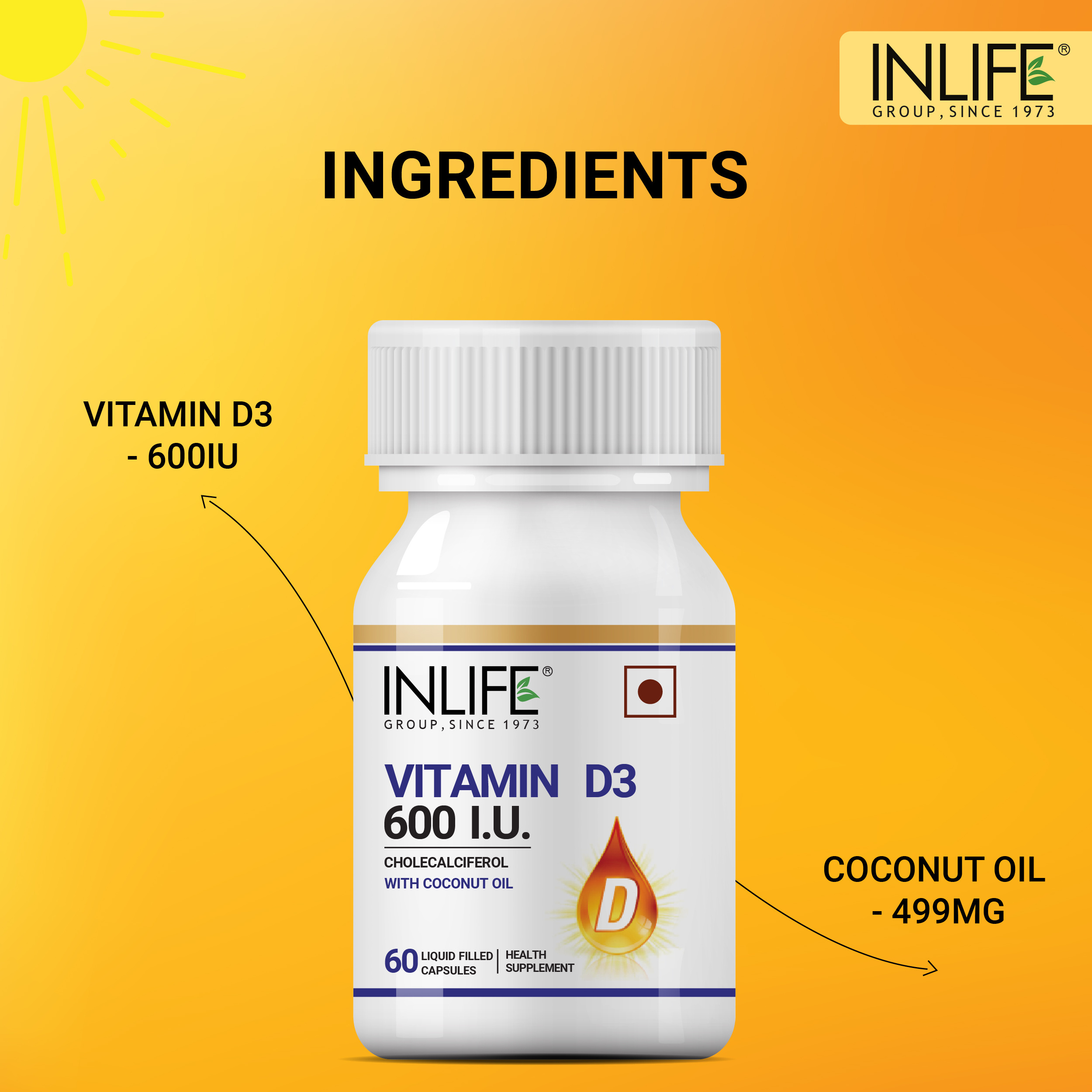 INLIFE Vitamin D3 600 IU Cholecalciferol Supplement with Coconut Oil for Better Absorption, For Men & Women, Immunity, Bone Heal