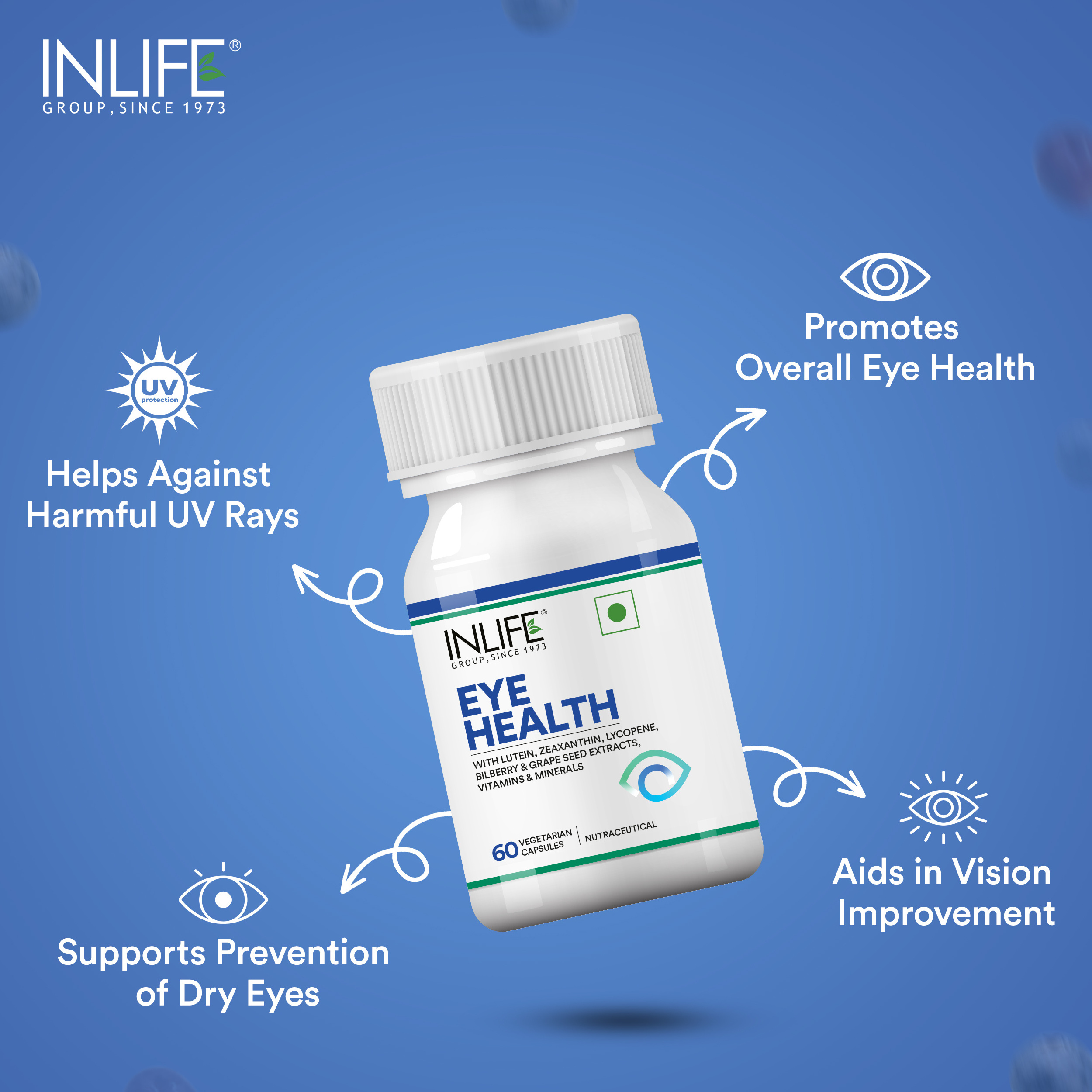 INLIFE Eye Health Supplements | Eye Care Vitamins to Improve Vision, Protect Eyes from Oxidative Stress - 60 Vegetarian Capsules