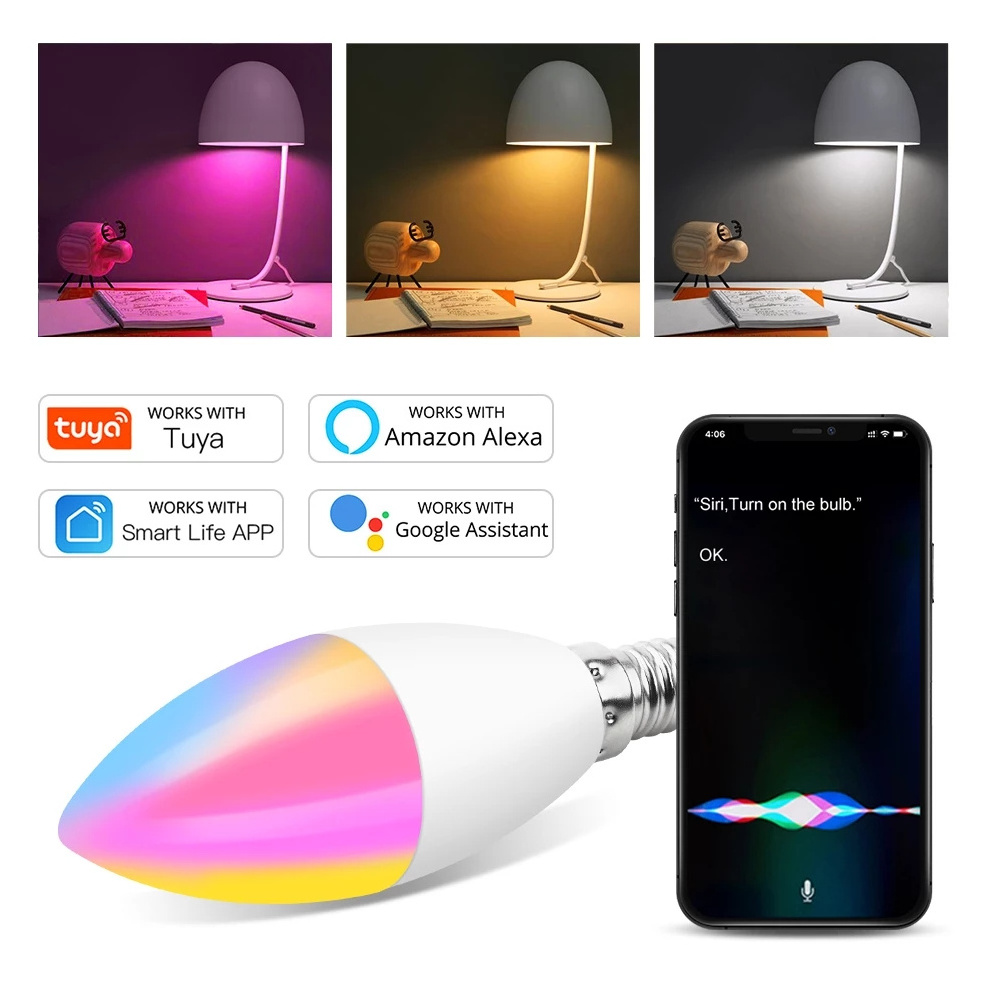 Tuya Smart Wifi LED Bulb E14 RGB CW Dimmable LED Lamp Voice Control Bulb 5W Candle Work With Alexa Google Home Assistant