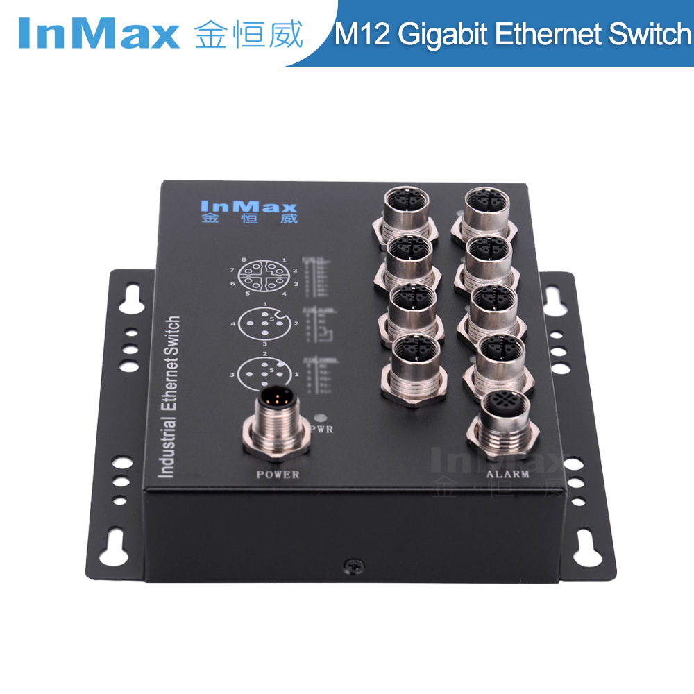 InMax Manufacturer M12 switch 8 port 10 100 1000mbps HD Car video On-board industrial network switch M12 railway switch