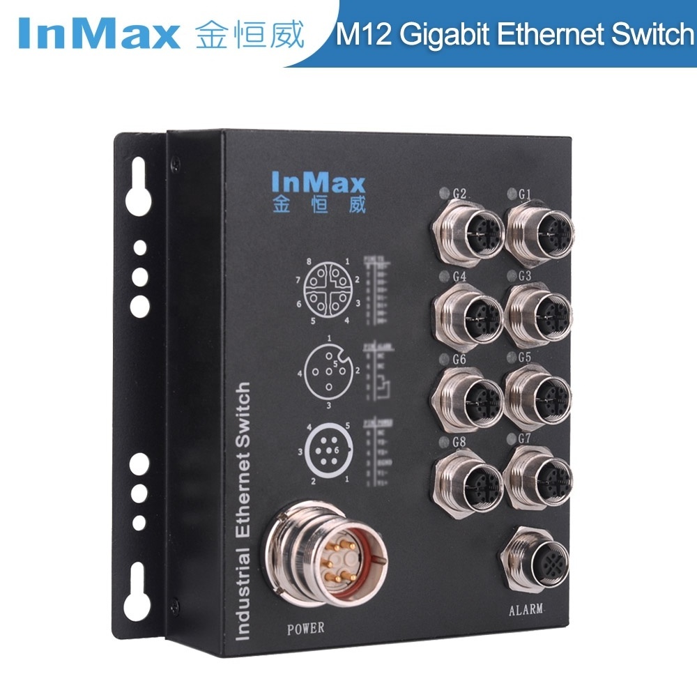 InMax Manufacturer M12 switch 8 port x-code En50155 railway metro vehicle on-board 48V 110V gigabit rugged industrial switch