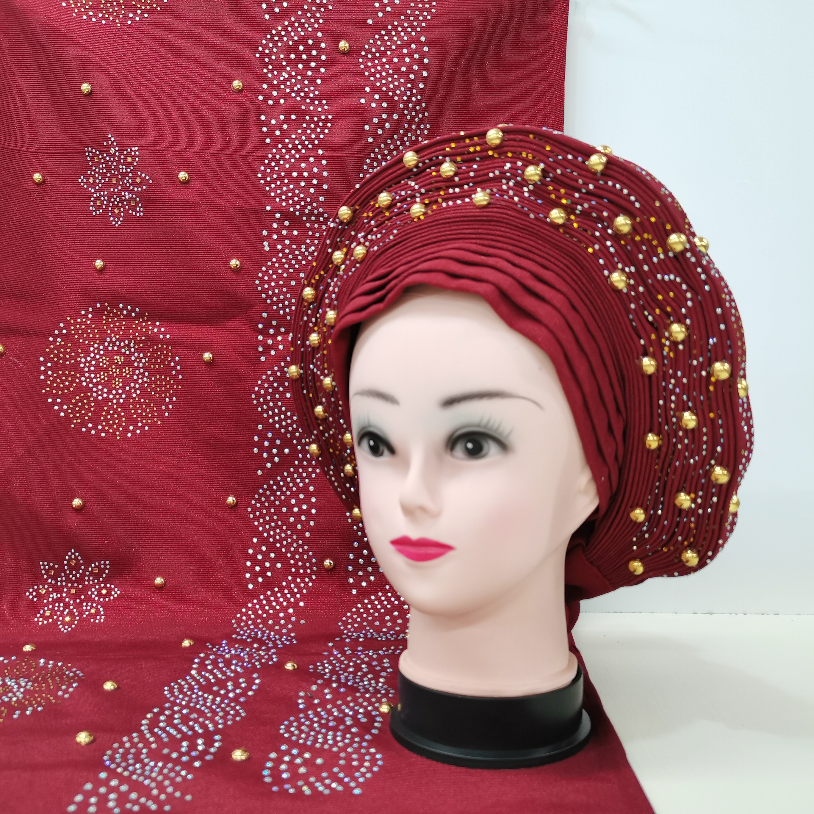 Inmyshop sego headtie african hat with beads set wholesales nigerian auto gele for women