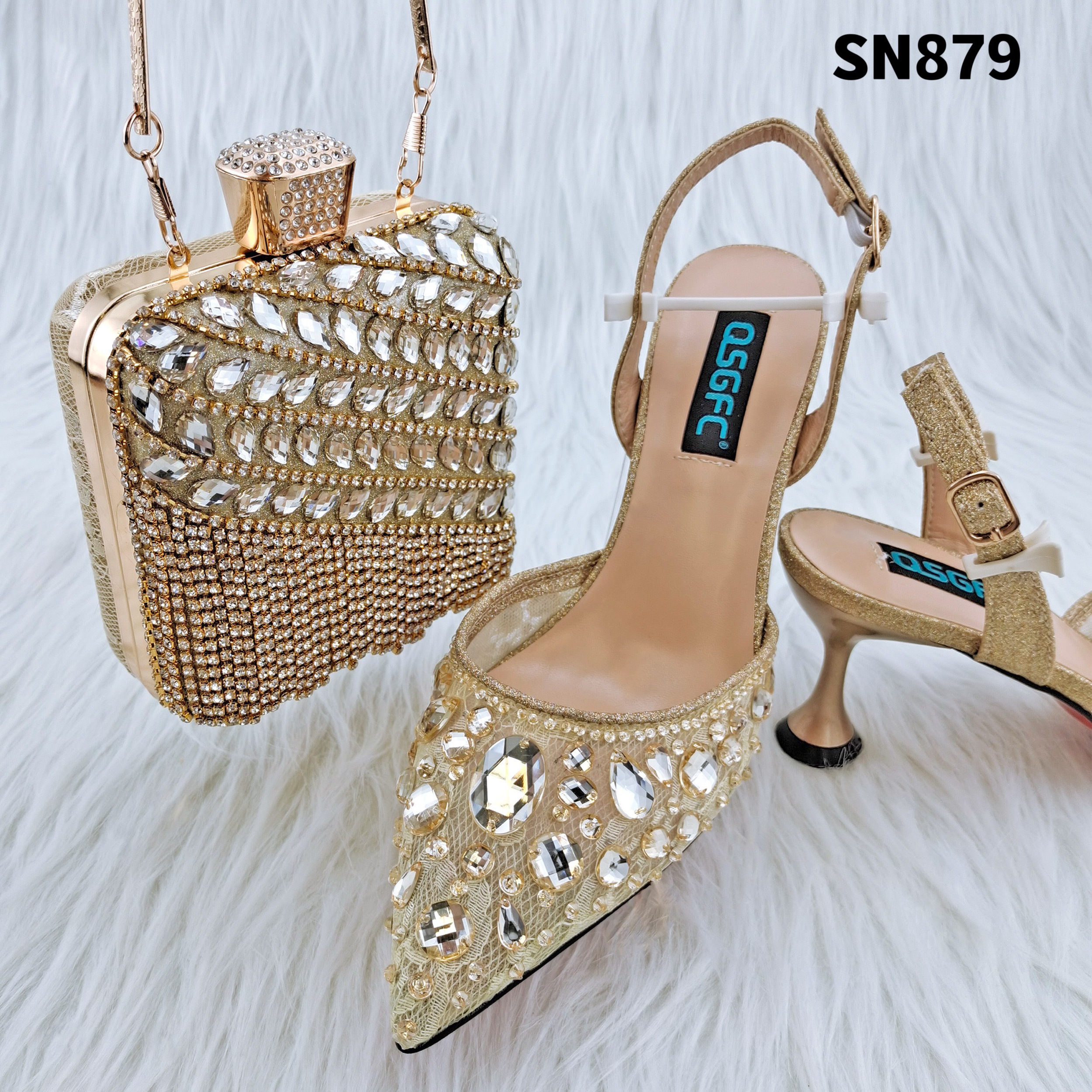 wholesale shoes and bag set high heels gold african leather matching pu carved crystal handbag stone pointy shoes for wedding