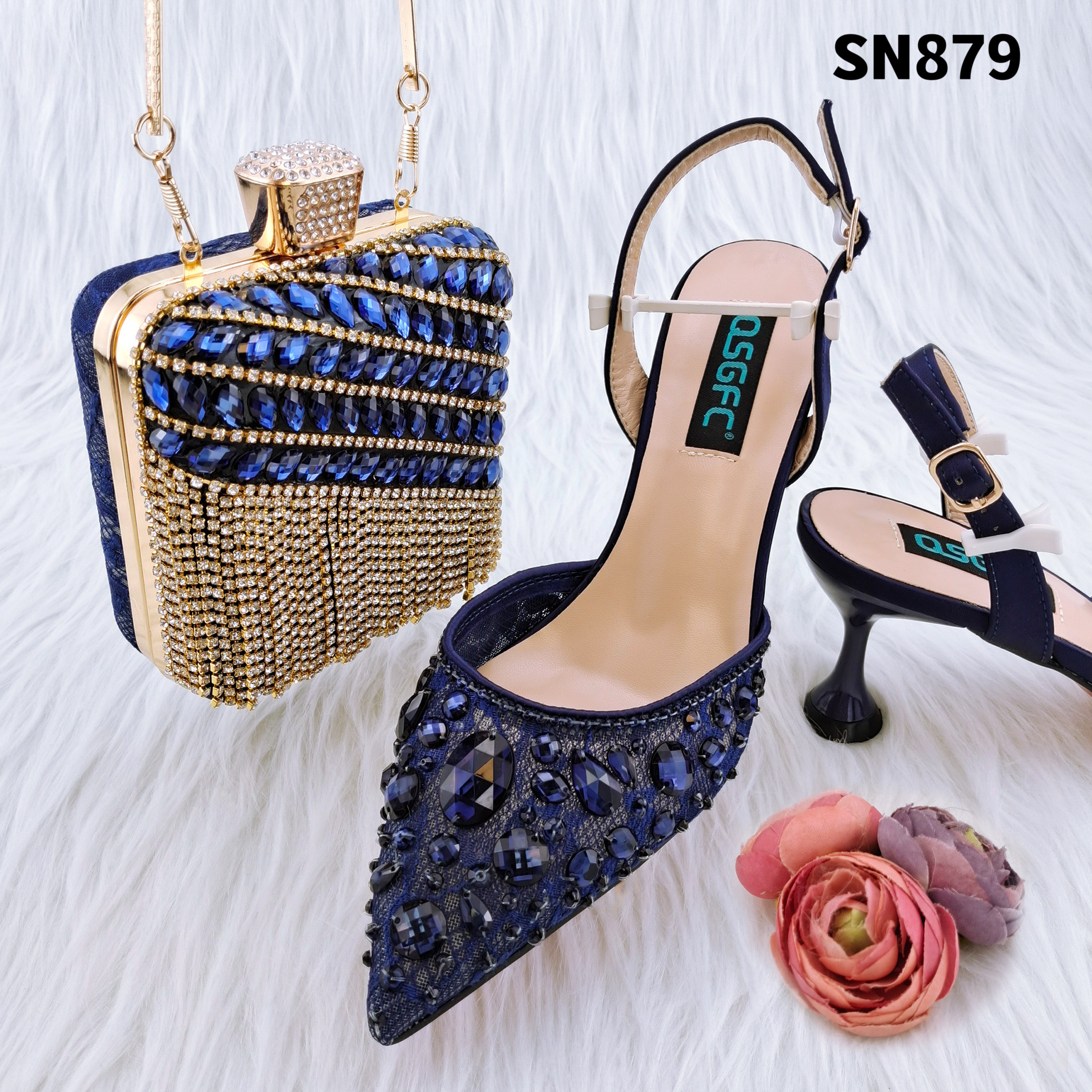 wholesale shoes and bag set high heels gold african leather matching pu carved crystal handbag stone pointy shoes for wedding