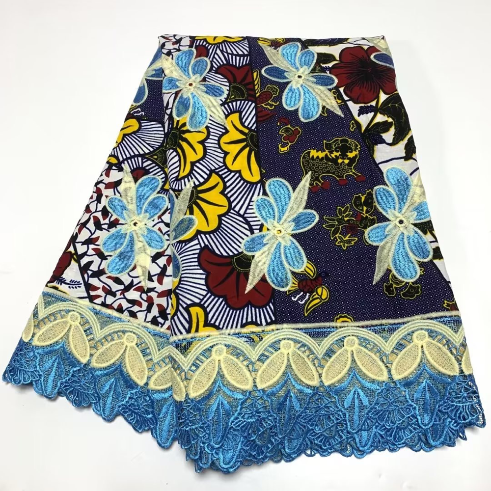 2022 High Quality Ankara Print Embroidered Wax Lace Hot Sale African Ankara Fabric With Stones Embroidery Chemical Wax Fabric