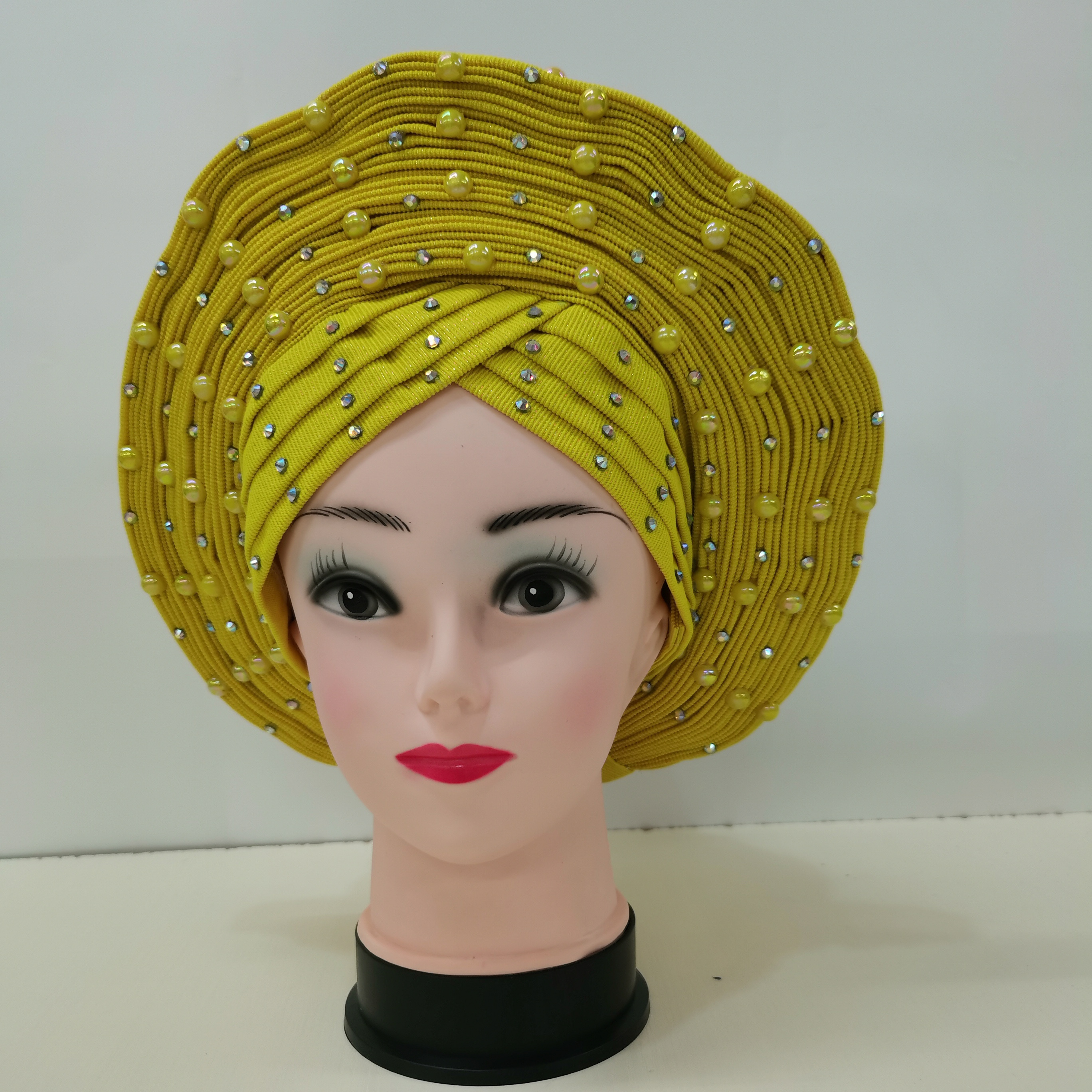 Best selling nigerian sego headtie african beads auto gele for women wear head wrap for sell