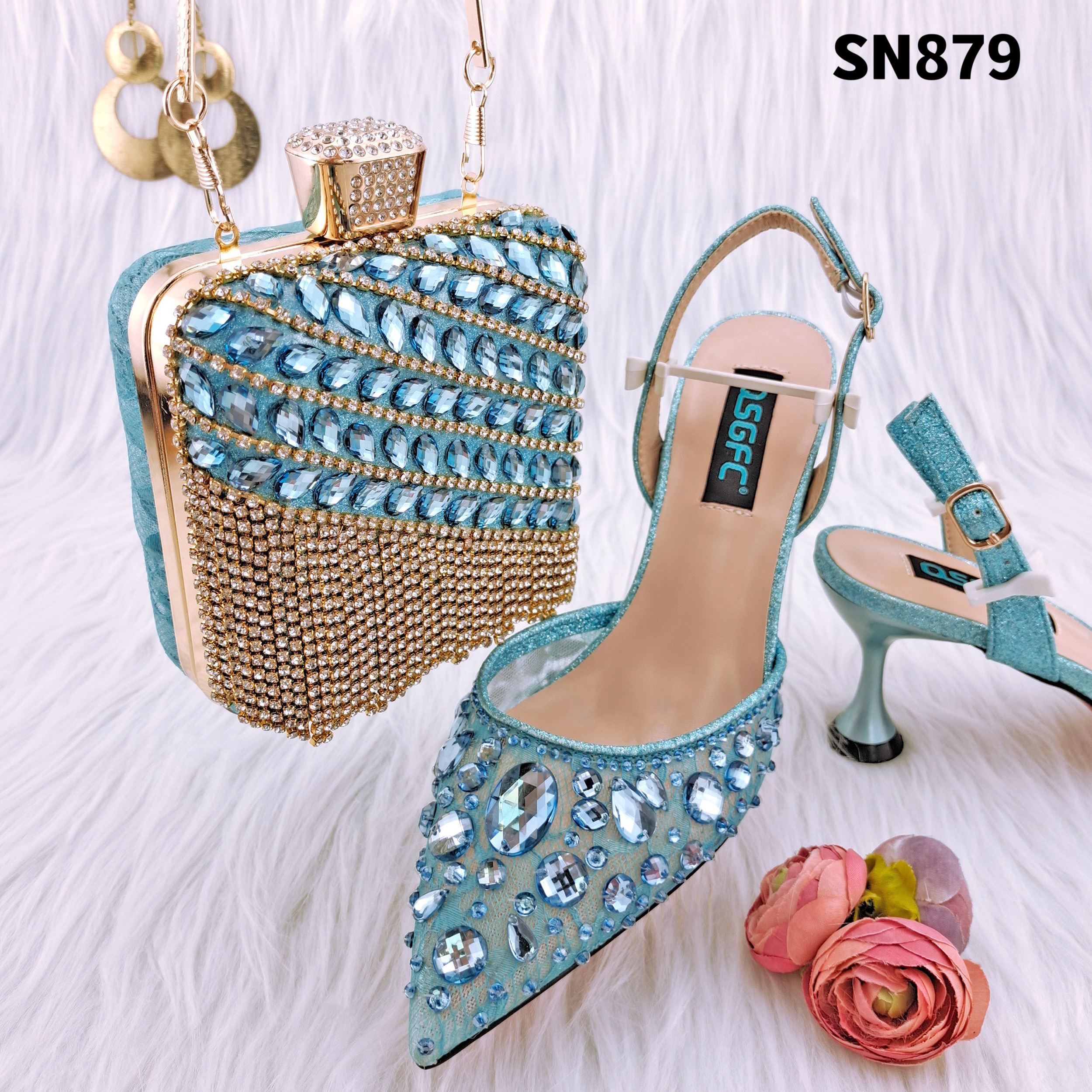 wholesale shoes and bag set high heels gold african leather matching pu carved crystal handbag stone pointy shoes for wedding