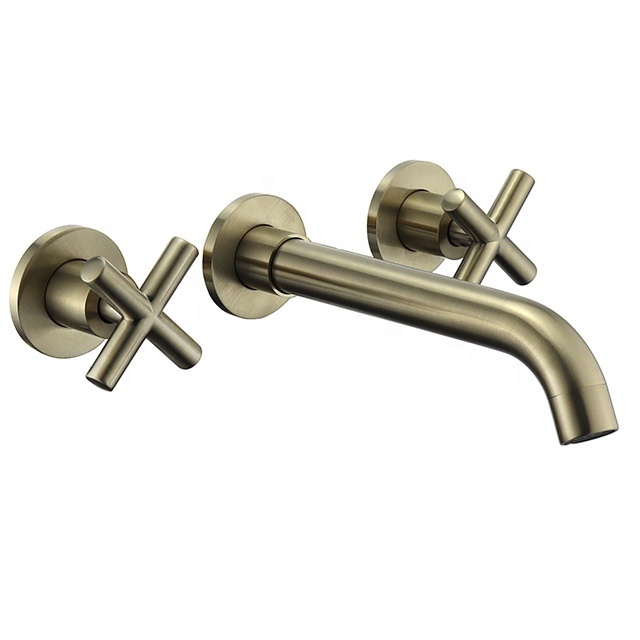 wall Mounted Brushed Golden Brass Bathroom Basin Faucet Lavatory faucet  Double cross handle Bathroom sink faucet