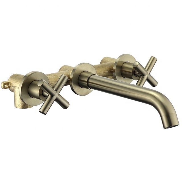 wall Mounted Brushed Golden Brass Bathroom Basin Faucet Lavatory faucet  Double cross handle Bathroom sink faucet