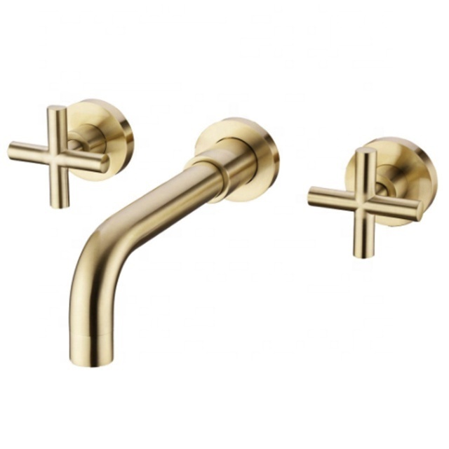 wall Mounted Brushed Golden Brass Bathroom Basin Faucet Lavatory faucet  Double cross handle Bathroom sink faucet