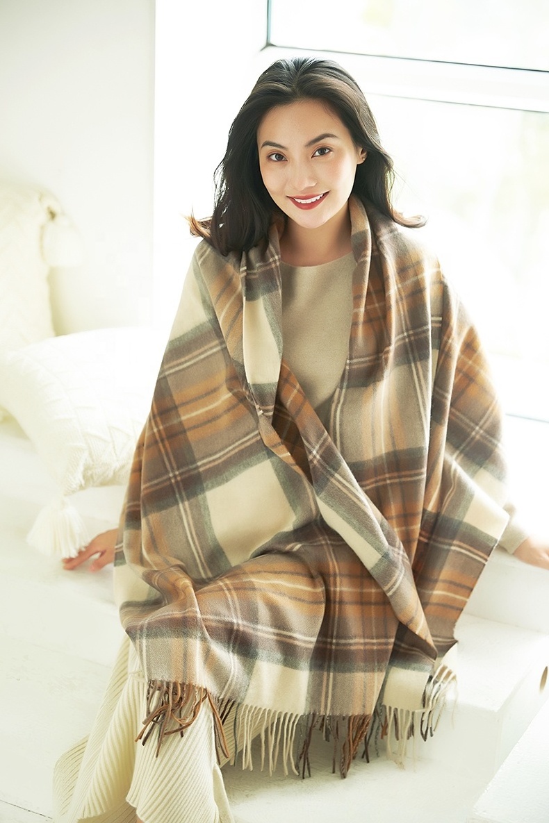 luxury fashion winter women plaid warm pure cashmere scarf custom designer scotalnd tartan check cashmere scarves shawls poncho