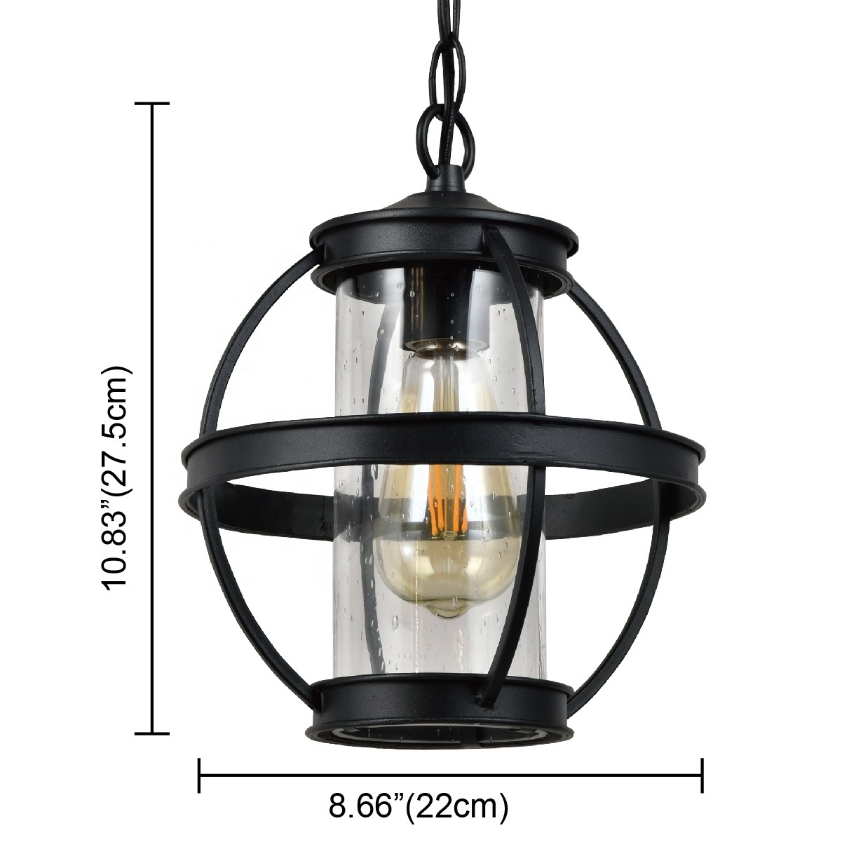 EQ-005 Modern Design E26/E27 Iron Outdoor Pendant Lamp Ceiling Light with Black Finish & Seed Glass Shade Waterproof