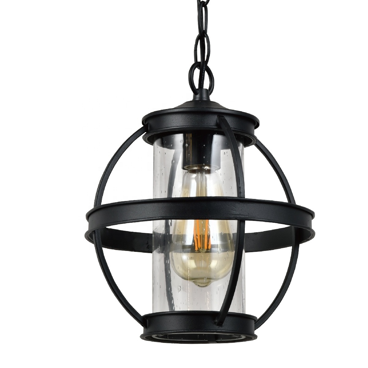 EQ-005 Modern Design E26/E27 Iron Outdoor Pendant Lamp Ceiling Light with Black Finish & Seed Glass Shade Waterproof