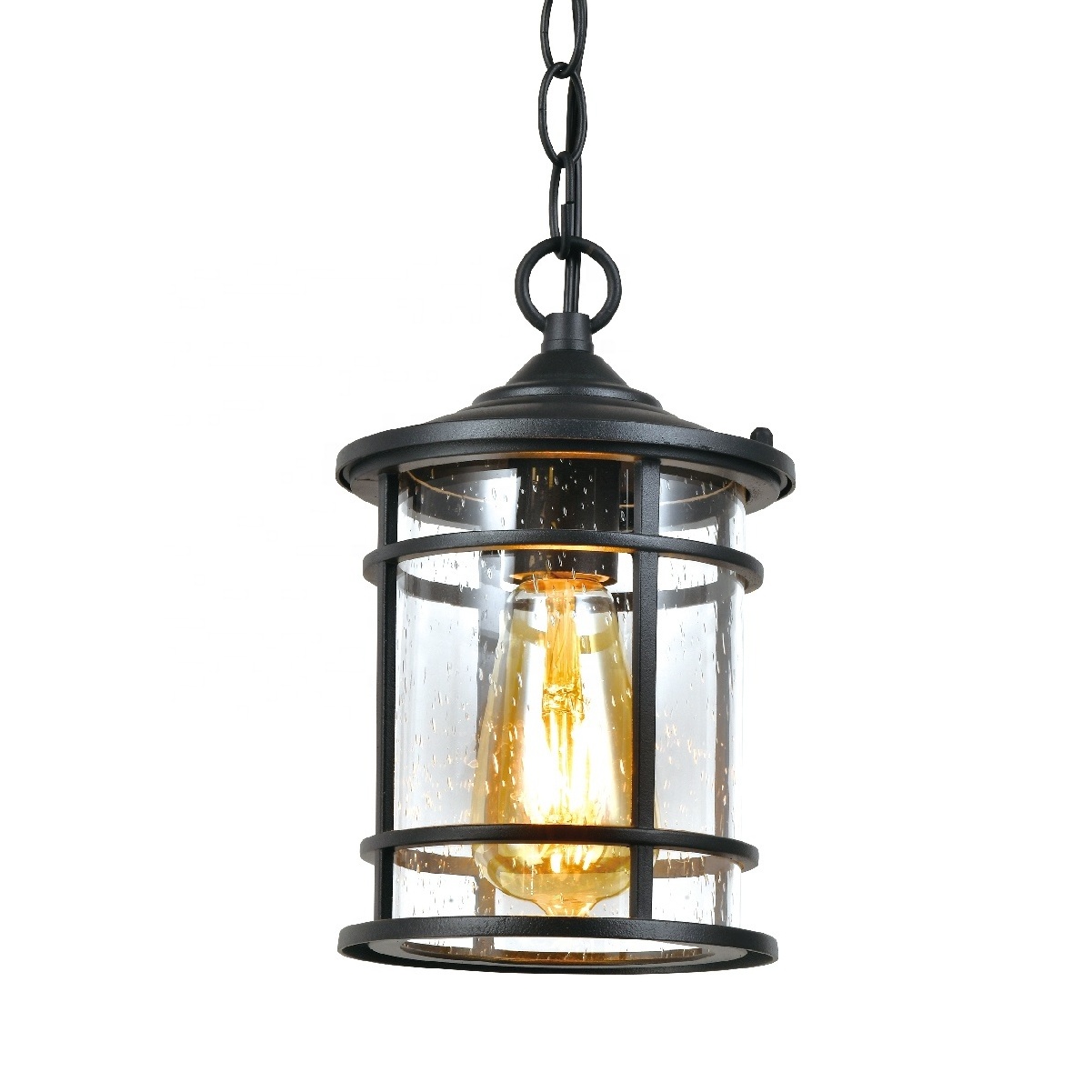 ET-002  Wholesale Iron Outdoor Garden Pendant Lamp Ceiling Light with Black Finish & Seed Cylinder Glass Shade IP44 E26/E27