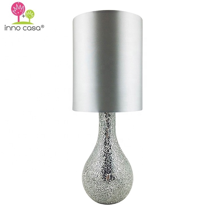 China Factory Wholesale Decorate Study Silver Mosaic Glass Table Lamp With Satin Fabric Shade