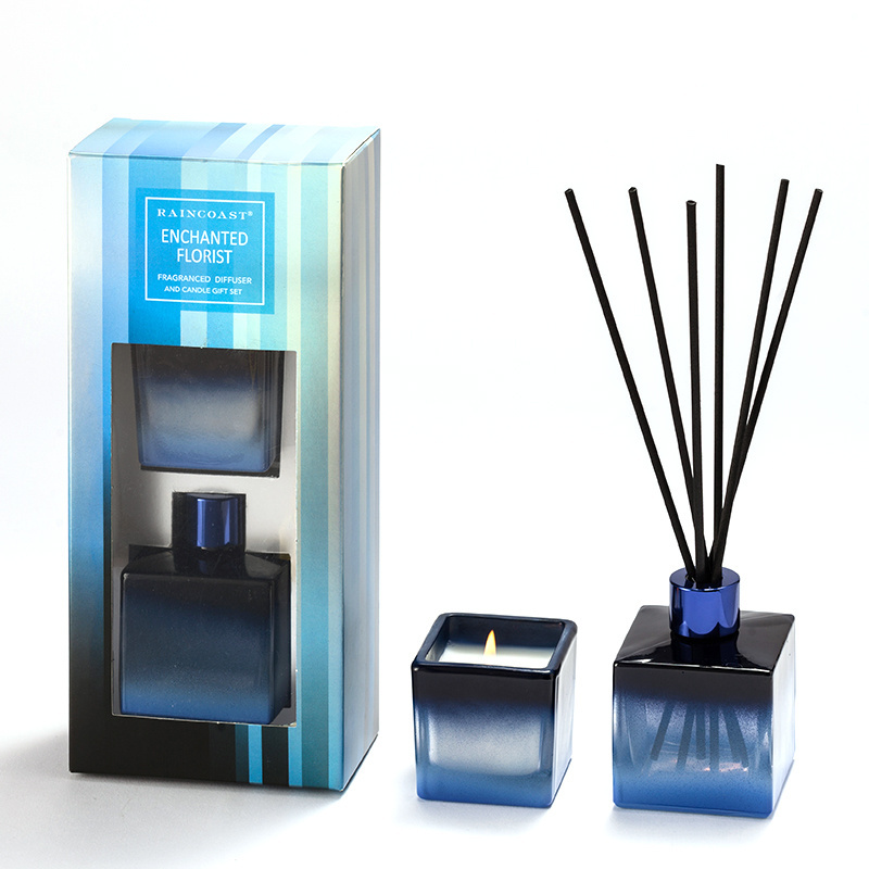 RAINCOAST Popular Gift Mini Reed Diffuser Gift Set 85ml+45g Gradient Blue Black Bottle Candle and Reed Diffuser Set