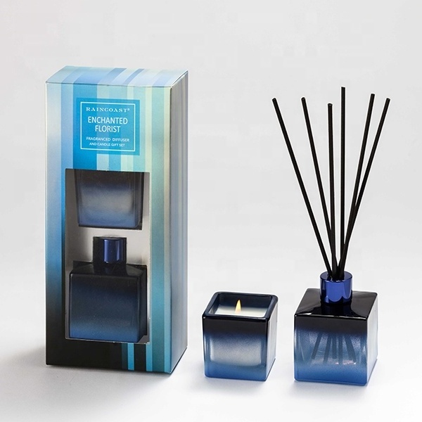 RAINCOAST Popular Gift Mini Reed Diffuser Gift Set 85ml+45g Gradient Blue Black Bottle Candle and Reed Diffuser Set