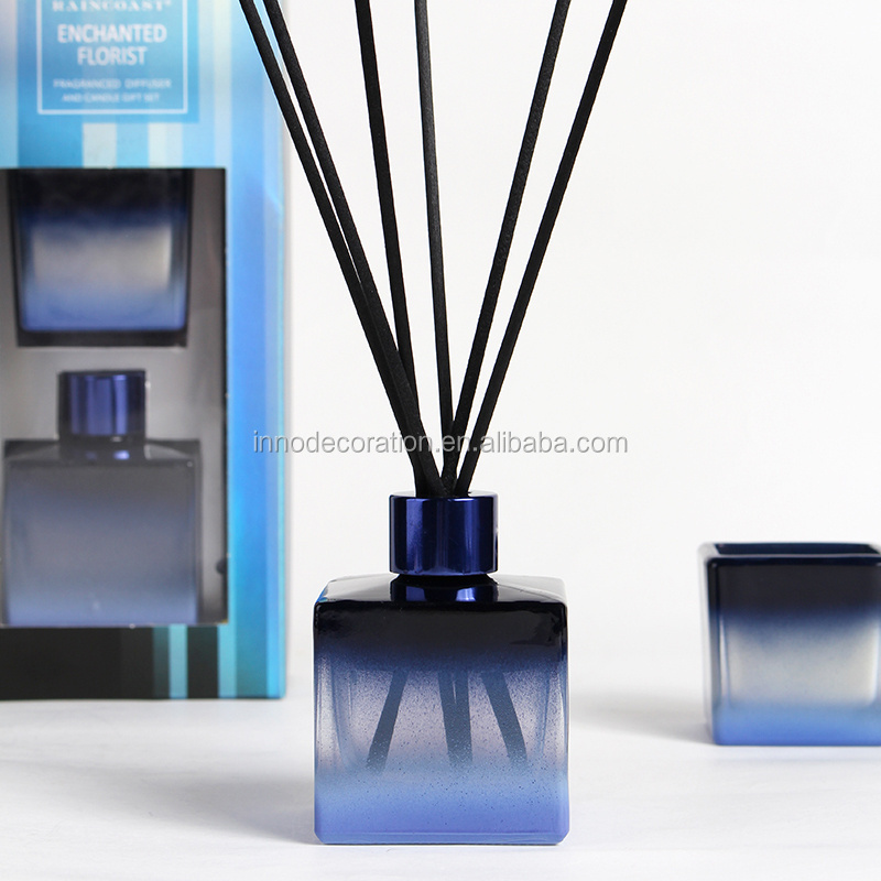 RAINCOAST Popular Gift Mini Reed Diffuser Gift Set 85ml+45g Gradient Blue Black Bottle Candle and Reed Diffuser Set