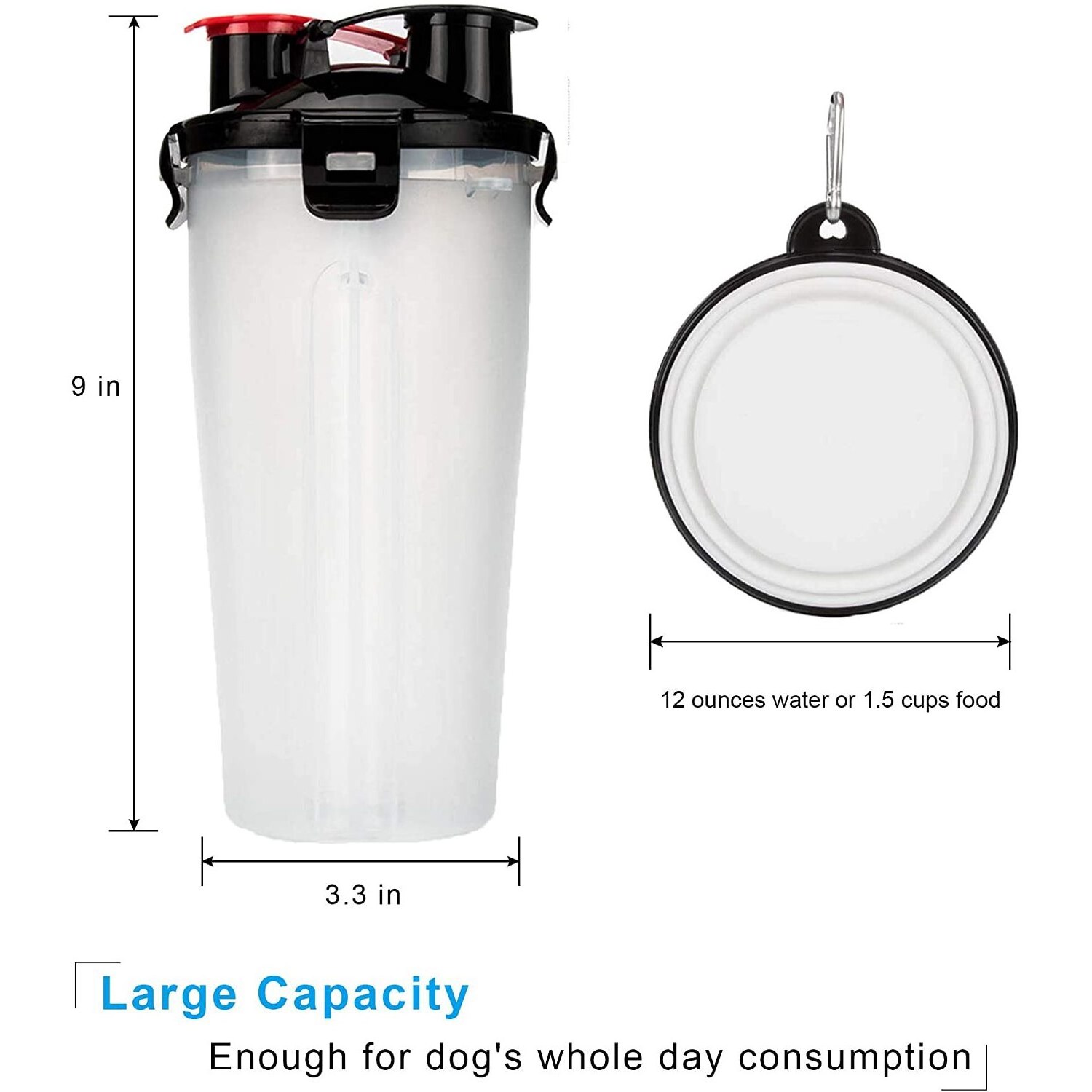 Pet Supplies Dual Chambered Design Water Food Container 2-in-1 Plastic Portable Dog Water Bottle with 2 Collapsible Bowls