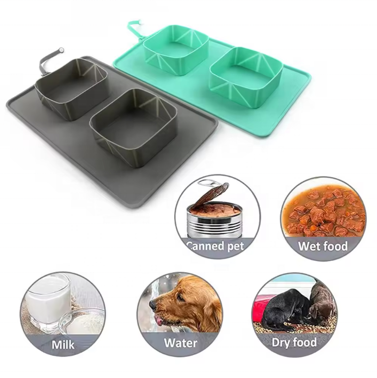 Travel Outdoor Pet Feeding Rollable Bowl 2-in-1 Expandable Silicone Pet Food And Water Double Bowl