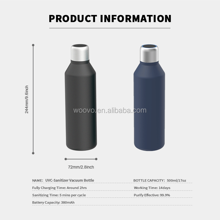 17oz 500ml Insulated Stainless Steel Water Flask Sustainable Self-Cleaning UV Water Bottle for Adults