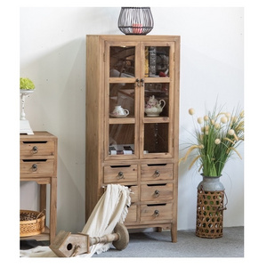 Innova Rustic Farmhouse Accent Cabinet Furniture Recycled Pine Wood Cupboard Cube Unit Bookcase Cabinet with Glass Door and 6 Dr