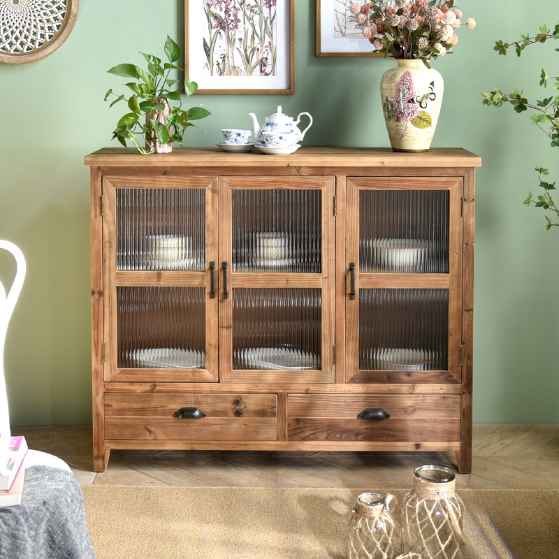 Accent pastoral style home furniture solid wood kitchen dining room storage console cabinet with 2 drawer and 3 glass doors