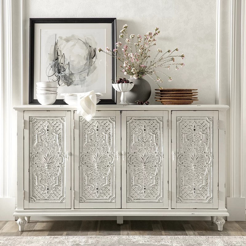 Farmhouse Decorative Distressed Tall Cabinet Carved Pattern Floral White Accent Storage Sideboard with 4 Doors Buffet Cabinet