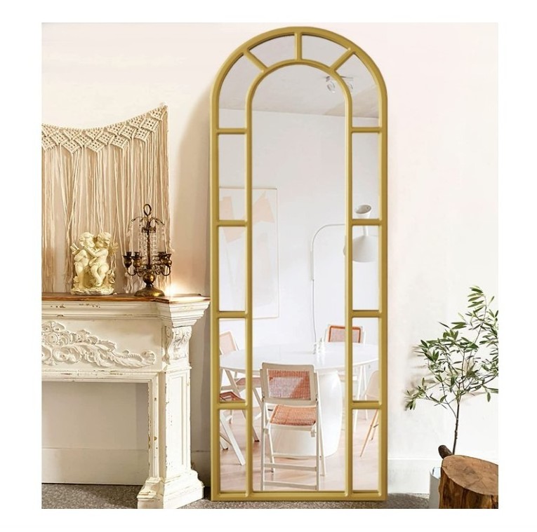 Farmhouse Arched Window Finished Gold Wood Wall Living Room Bedroom Entrance Bathroom Vanity Leaning Mirror Full Length Mirror