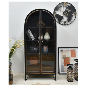 Home Accent Vintage Industrial Storage Drawer Black Arch Tall Metal Cabinet with Shelves and Glass Doors for Living Room