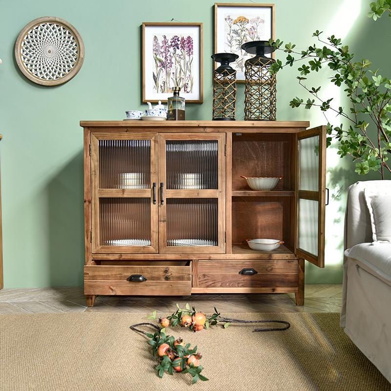 Accent pastoral style home furniture solid wood kitchen dining room storage console cabinet with 2 drawer and 3 glass doors