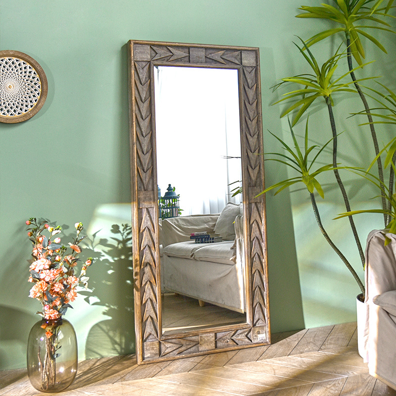 Innova Home Large decorative rustic rectangle full length glass wooden carving dressing floor mirror